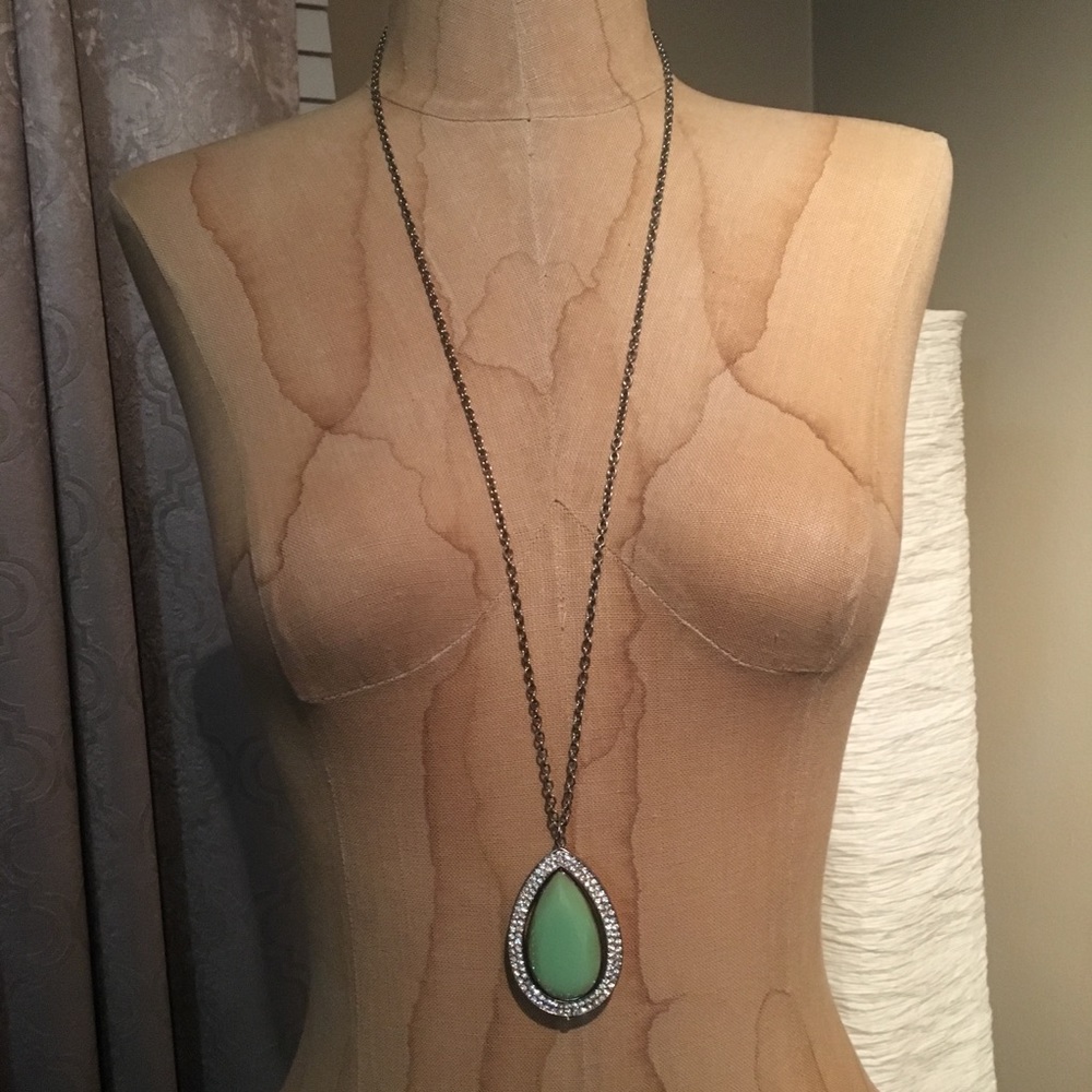 ❌SOLD❌ Charming Charlie Mint Green Gold Rhinestone Long Pendant Necklace